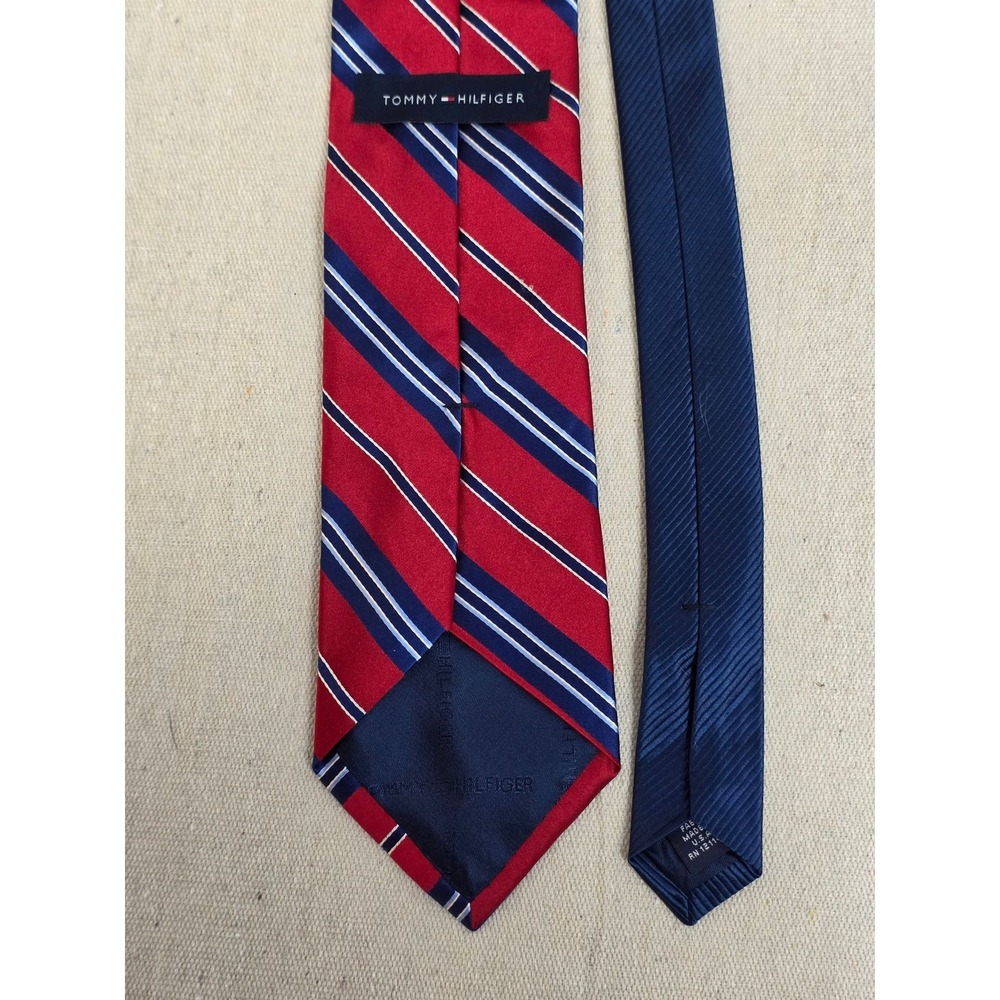 Tommy Hilfiger Mens Silk Tie Red Navy Blue White Striped Rep Necktie USA Made - Picture 5 of 7